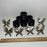 6 pc Fork & Knife Silver Plated Napkin Rings & 6 Wooden Napkin Rings