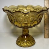Amber Glass Compote with Thumbprint & Star Design