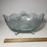 Pretty Powder Blue Glass Footed Bowl with Embossed Floral Design & Wavy Edge