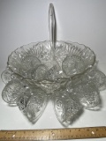 Vintage Pressed Glass Punch Bowl with 12 Cups & Plastic Ladle