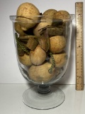 Heavy Glass Pedestal Vase with Decorative Wooden Fruit