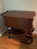 Wooden Vintage Rolling Tea Cart with Single Drawer & Drop-Leaf Top