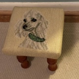 Adorable Wooden Footstool with Dog Needlework Top
