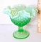 Fenton Green Hobnail Opalescent Glass Compote with Ruffled Edge