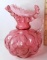 Fenton Glass Cranberry Ewer with Ruffled Edge & Applied Handle