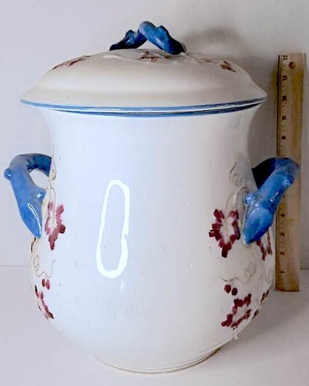 Double Handled Ceramic Cookie Jar w/ Leaf Motif
