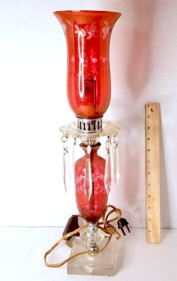 Pretty Vintage Cranberry Etched Glass Lamp with Hanging Prisms