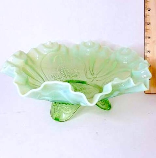 Beautiful Fenton Footed Ruffled Edge Green Opalescent Bowl