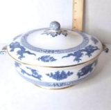 Vintage “Booths, England” China Blue & White Covered Casserole  w/ Dragon & Gilt Accent