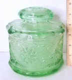 Tiara Spruce Green Sandwich Glass Lidded 5-1/2” Canister