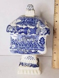 Vintage Blue & White Porcelain Oriental Pedestal Lidded Dish