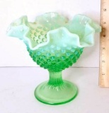 Fenton Green Hobnail Opalescent Glass Compote with Ruffled Edge