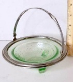 Footed Green Glass Dish with Silver Tone Handle