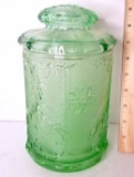 Tiara Spruce Green Sandwich Glass Lidded 9-1/2” Canister