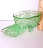 Vintage Green Glass Hobnail Slipper with Ruffled Edge