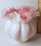 Fenton White Over Pink Cased Glass Ruffled Edge Vase