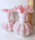 Pair of Beautiful Fenton White Over Pink Cased Glass Ruffled Edge Vases