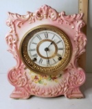 1904 Gilbert Victorian Pink Floral #431 Porcelain Mantel Clock with Key