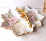 Impressive Vintage Leaf Shaped 2 Sided Divided Dish with Gilt Handle & Floral Design