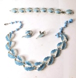 Vintage Silver Tone Blue Enamel Necklace, Bracelet & Clip-on Earrings Set with Blue Leafs by Coro