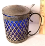 Vintage Wallace Silver Plated Mustard Pot with Cobalt Glass Insert