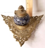 Early Ornately Decorated Triangular Brass Inkwell