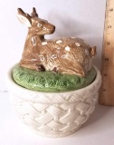 Fitz & Floyd Ironstone Deer Trinket Box with Basket Weave Base