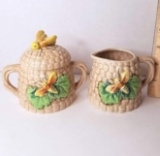 Honeycomb Ceramic Sugar Bowl & Creamer with Honey Bee Finials Made in Japan