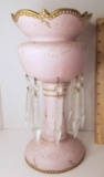 Beautiful Pink Lamp Base with Gilt Accent & Hanging Crystals