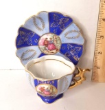 Pretty Blue Tea Cup & Saucer Set with Victorian Couple