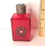 Vintage Red Gucci Cologne Bottle with Silver Filligree Accent