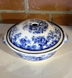 Vintage Minton Blue & White Porcelain Double Handled Bowl with Lid with Holes