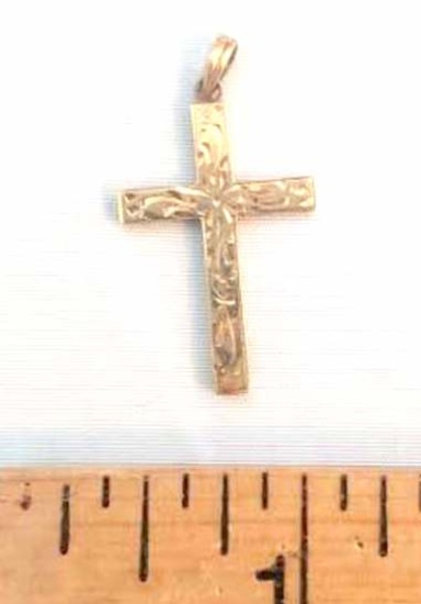 14K Gold Etched Cross Pendant