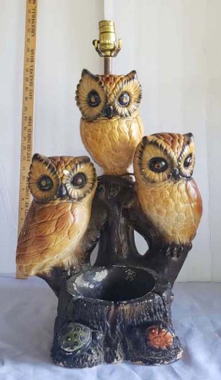 Large Vintage Chalk Ware Owls On Tree Lamp with Ashtray