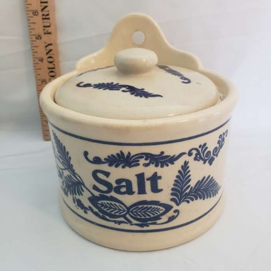 Vintage Ceramic Salt Box with Blue and White Design