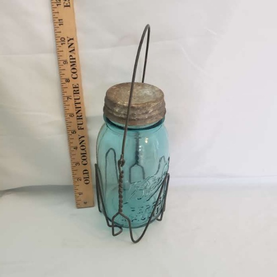 Vintage Ball Blue Perfect Mason Quart Jar with Zinc Lid in Wire Holder