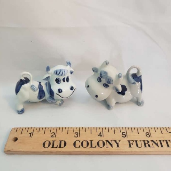 Pair of Adorable Blue and White Delft Ceramic Cow Figurines