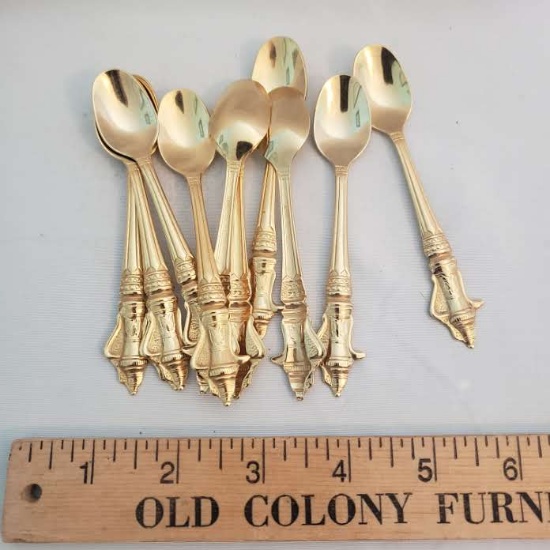 Lot - 10 Stainless Demi Spoons w/ Gilt Vermeil Finish – Unusual Teapot Accent on Handle