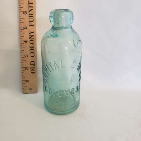 Antique Blue Glass Bottle “Capital S.W. Co, Columbus Ohio, Blob Top Collectible Bottle