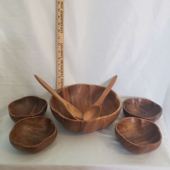 Genuine Monkey Pod Handcrafted Salad Set, Serving Bowl, 4 Salad Bowls, Tongs