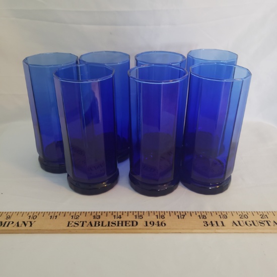 Set of 7 Vintage Anchor Hocking Cobalt Blue Essex Geometric Glasses