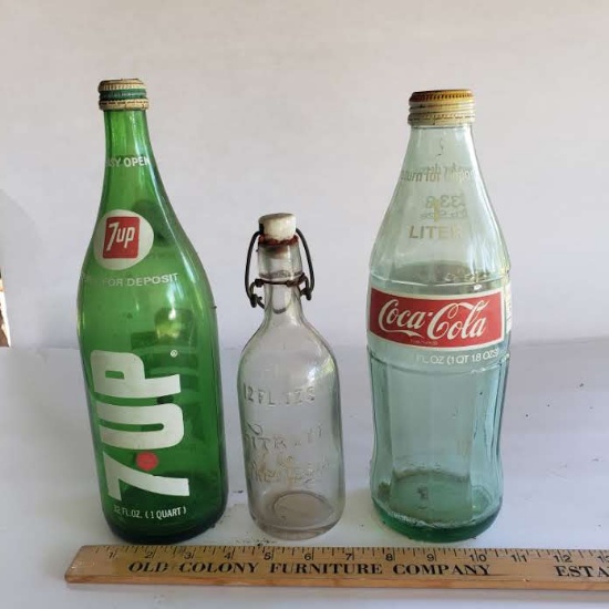 Vintage Bottle Lot, Embossed Citrate, 7 UP, Coca Cola