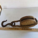Antique Wood and Metal Rope Pulley