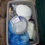28 Gallon Plastic Storage Tote Filled with Assorted Items For Camping, Tablecloths, Bowls , Etc.