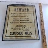 Antique Paper $5 Reward Sign for Cliffside Mills