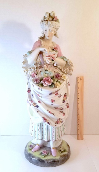 Impressive Large 22" German Porcelain Woman with Flowers Statue with Crossed Swords