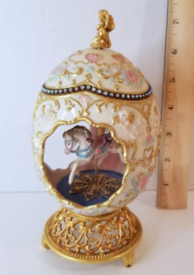 Porcelain Carousel Horse Music Box Egg with Gold Tone Filigree Base Made in Malaysia