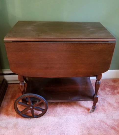 Nice Mahogany Drop-leaf Tea Cart w/ Spoke Wheels