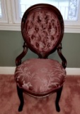 Beautifully Carved Mahogany Balloon Back Tufted Parlor Chair with Floral Burgundy Upholstery