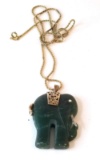 Large Jade Colored Stone Elephant Pendant on Gold Tone Chain
